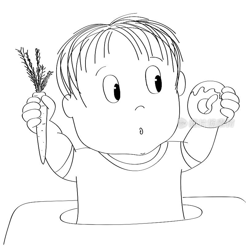疑神疑鬼的小男孩对食物的思考，试图决定吃什么——无论是健康的还是不健康的食物——原创手绘卡通插图
