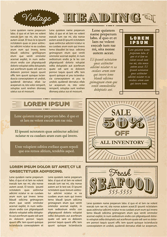 老式或老式的旧报纸布局包括页与标题设计模板