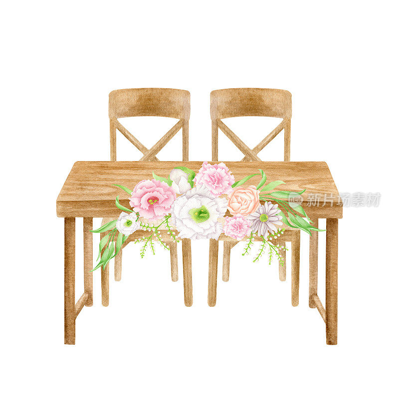 水彩头表与花卉安排孤立在白色。手绘木甜心桌，木椅，花卉装饰。乡村婚宴装饰素描插图。