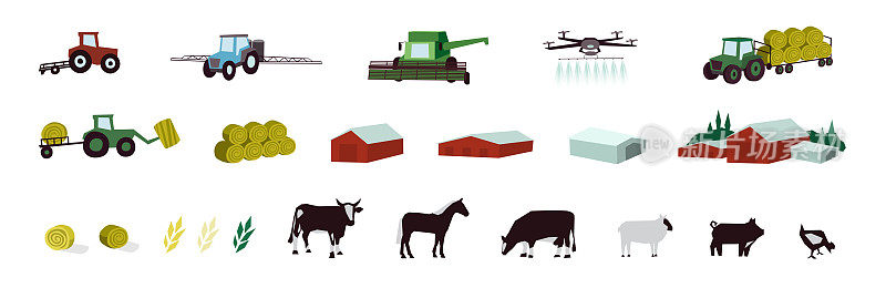 农业和家畜的图标设置矢量插图拖拉机，联合收割机，农场动物