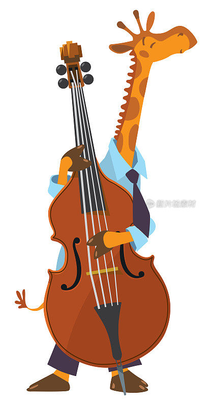 长颈鹿演奏低音提琴。有动物的爵士乐队。