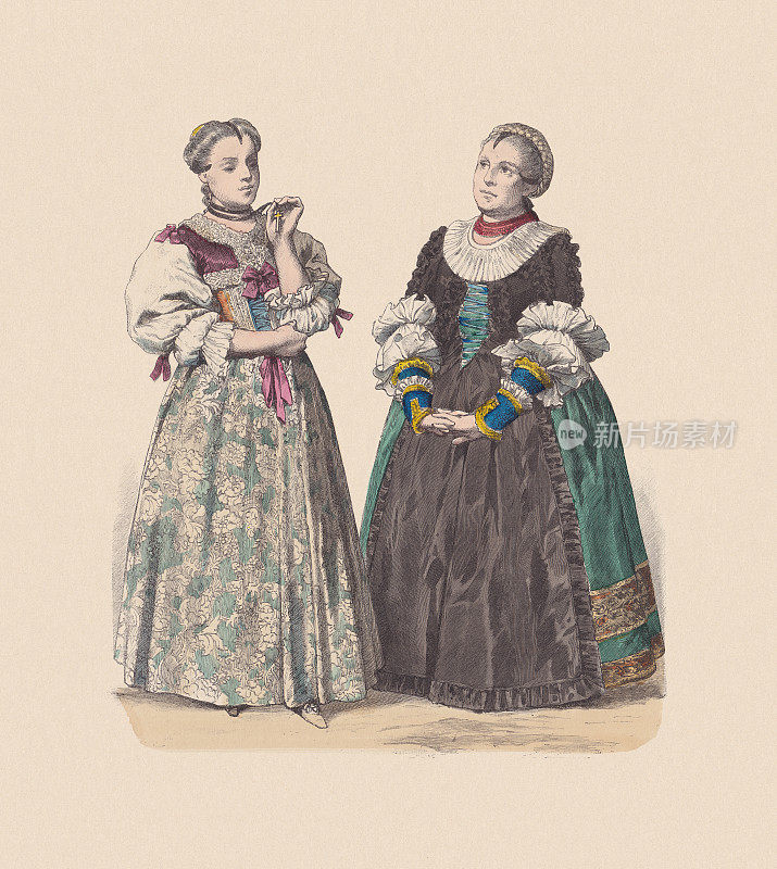 18世纪德国资产阶级服装，手工木刻，约1880年出版