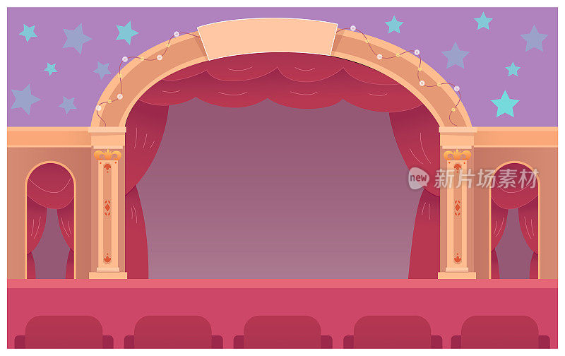 木偶戏舞台，红色窗帘，空的复古舞台，戏剧音乐会表演