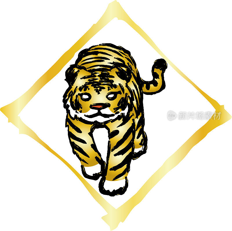 金色可爱的老虎用日本画笔画在画框里