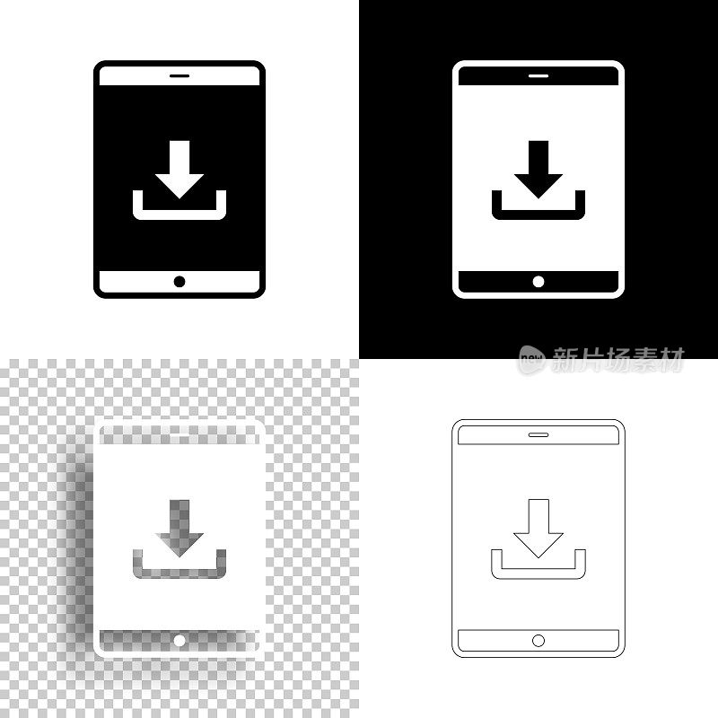 下载平板电脑。图标设计。空白，白色和黑色背景-线图标
