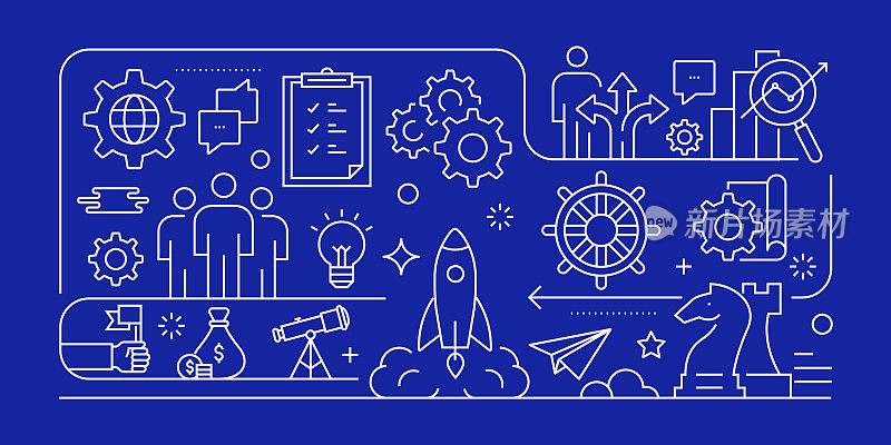 业务发展相关矢量横幅设计概念，现代线条风格与图标