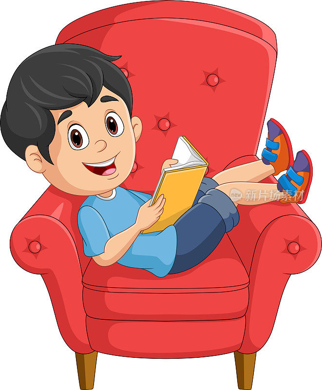 卡通小男孩在沙发上看书