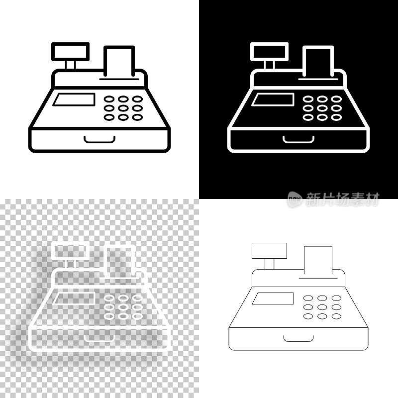 收银机。图标设计。空白，白色和黑色背景-线图标