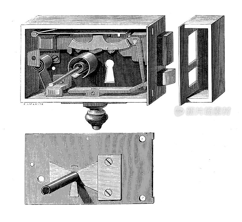 19世纪工业、技术和工艺的古董插图:锁
