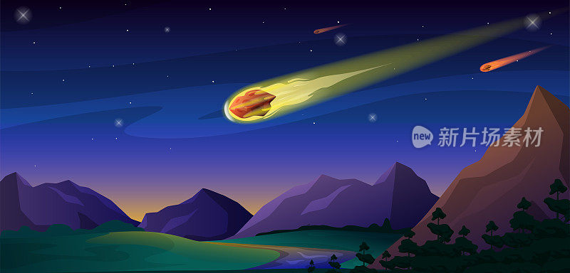 坠落彗星陨石在夜间山景观矢量平面插图