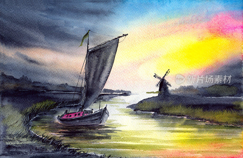水彩插图河景观与一艘帆船