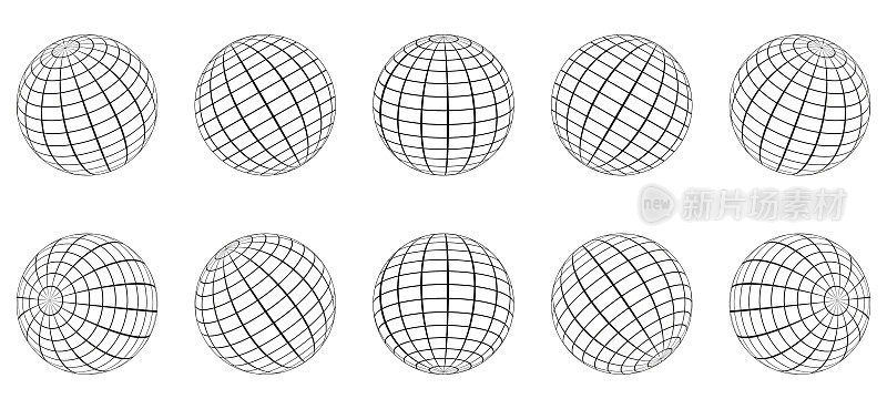 全球网格球体设置。三维电线全球地球纬度，经度。几何网格。有线3D行星地球。圆形网格网格球。线框地球表面。孤立的矢量图