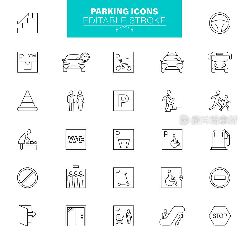 停车图标可编辑Stroke。包含诸如停车场，汽车，停车计时器，票等图标