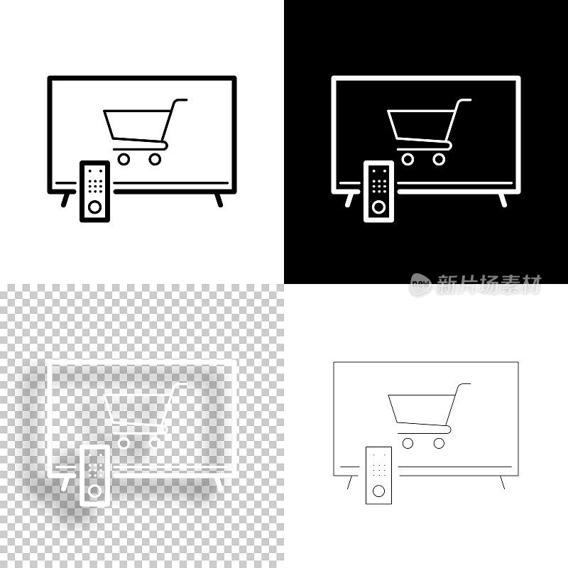 电视在线购物。图标设计。空白，白色和黑色背景-线图标