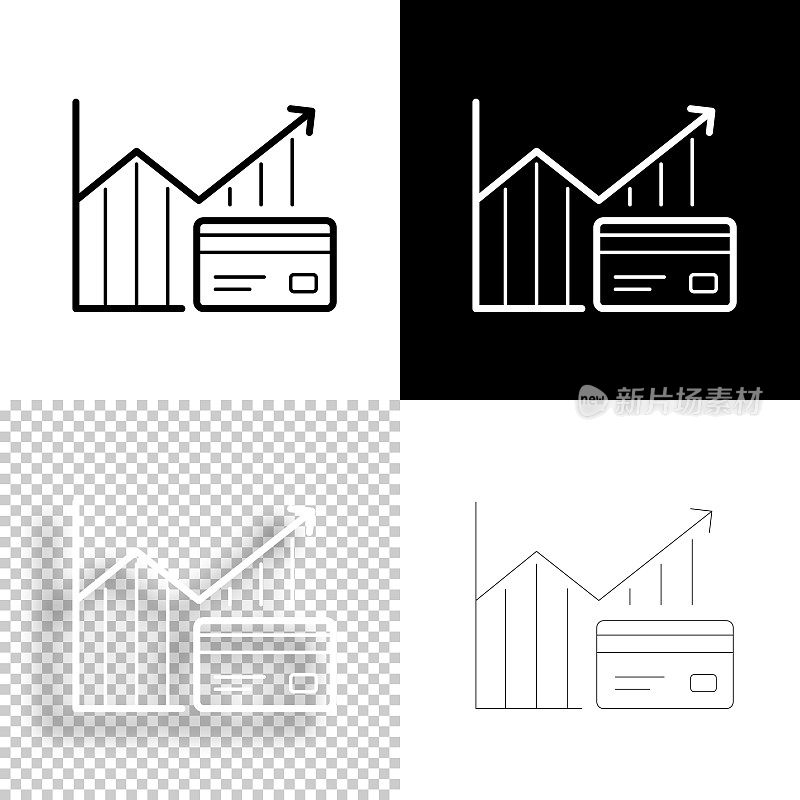 增长的图表与信用卡。图标设计。空白，白色和黑色背景-线图标