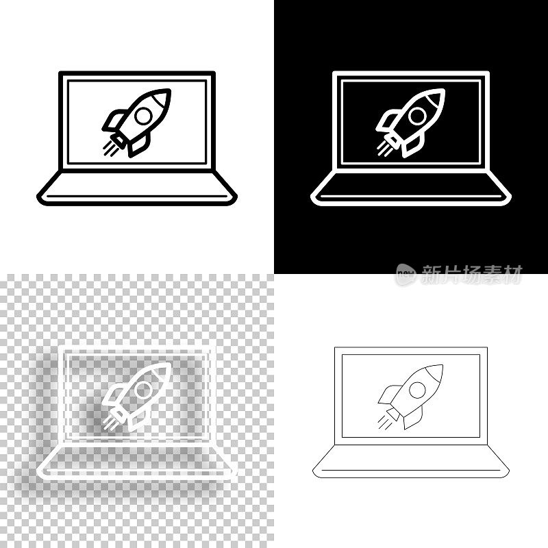 笔记本电脑火箭。图标设计。空白，白色和黑色背景-线图标