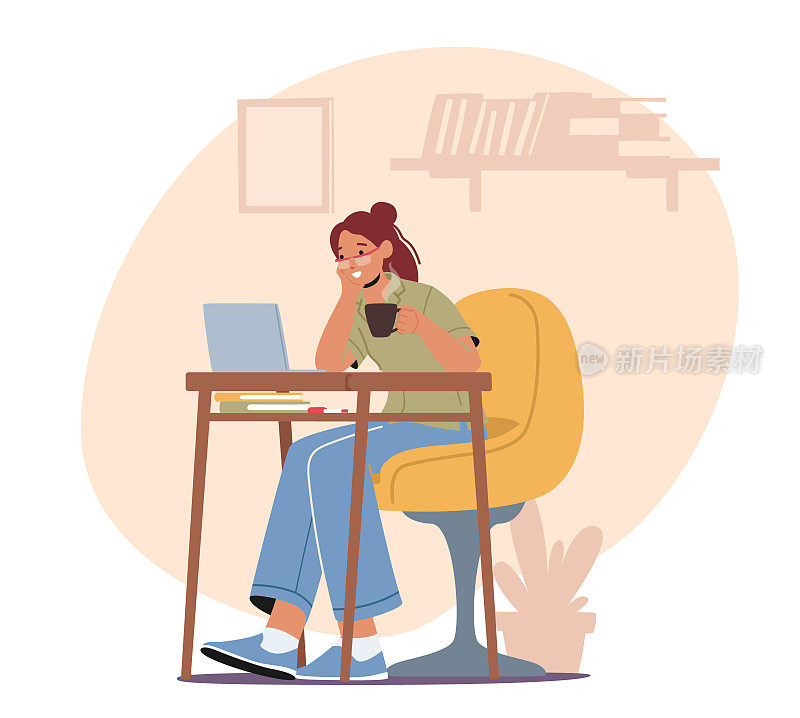 轻松的女性自由职业者角色在笔记本电脑上工作，手里拿着一杯咖啡。自由职业