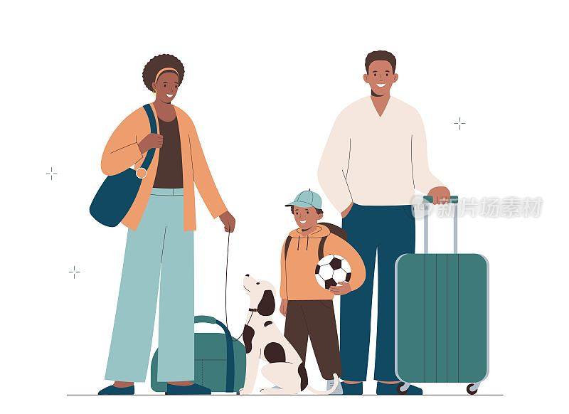 非裔美国家庭去度假。妈妈，爸爸，孩子和狗一起旅行。带宠物旅行的概念。