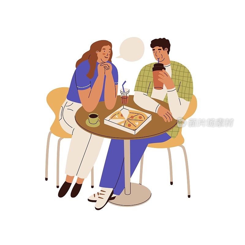 一名女子与一名男子在餐厅的餐桌旁交谈。一对情侣在咖啡馆吃披萨。快餐，商场美食广场的自助餐厅，通讯。矢量插图在卡通风格。孤立。
