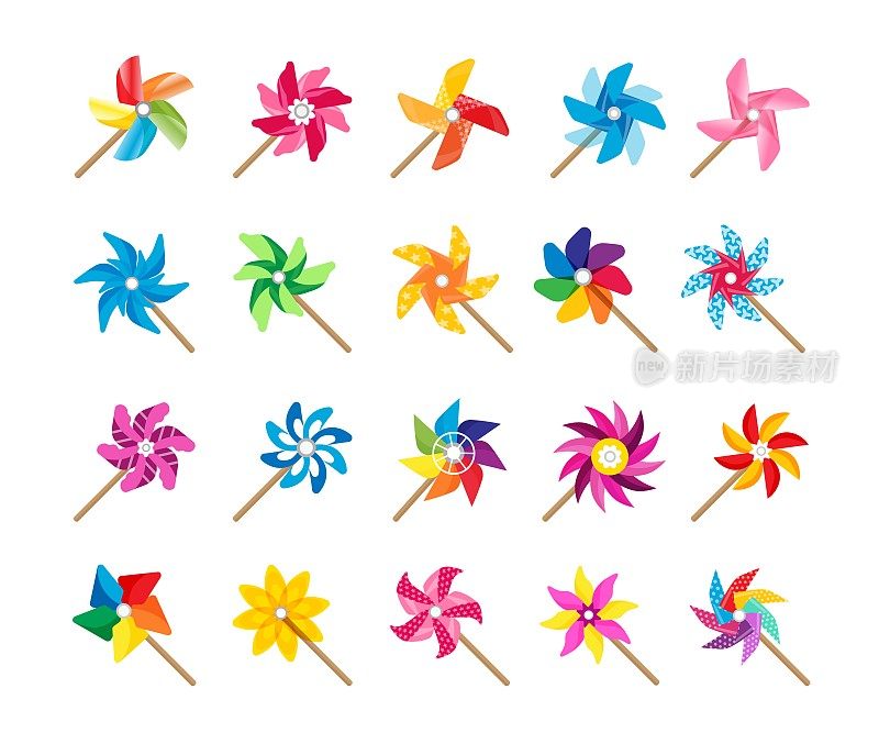 卡通风车玩具。风车旋转可爱的夏天婴儿玩具收集推动风微风。矢量彩纸折纸扇孤立收藏