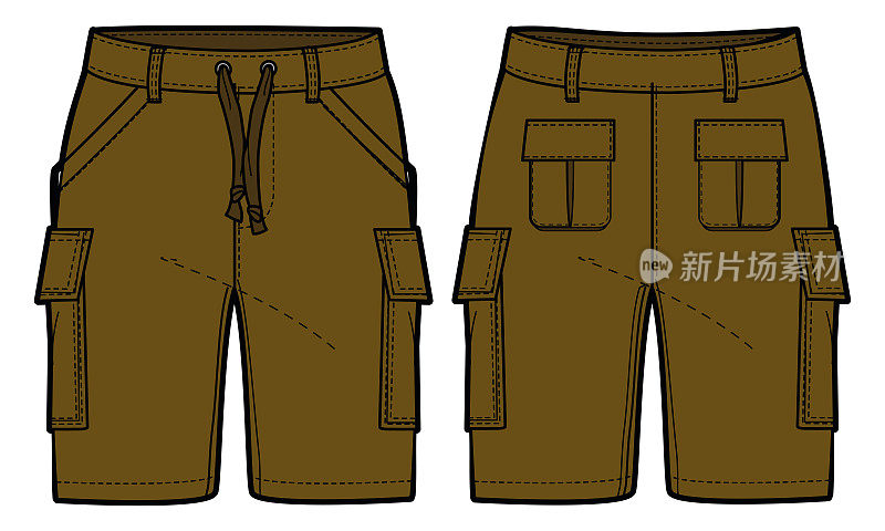 Chino货运短裤设计平面素描矢量插图，实用休闲短裤概念与前面和后面的观点，印刷的货运实用百慕大短裤设计插图
