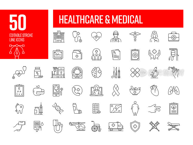 医疗保健和医疗线图标。可编辑的笔画矢量图标集合。