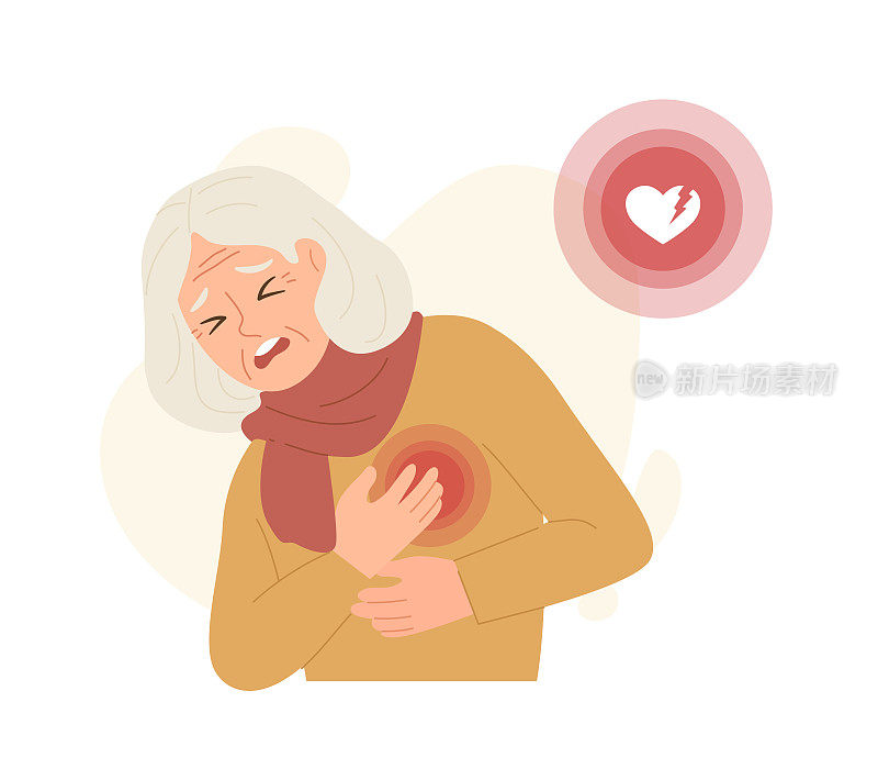 老妇人抱着她的胸部与心脏病发作的迹象孤立在白色背景。
