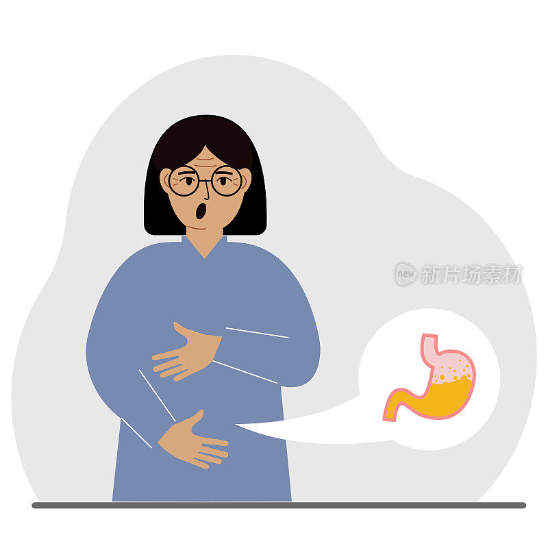 腹部疼痛的概念。女人用双手抱住他的肚子。胃部或消化系统有问题。