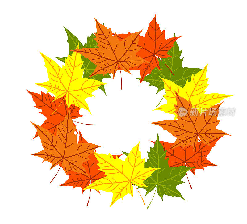 秋色缤纷的落叶圆框孤立在白色的背景。明亮的黄橙绿红槭叶。矢量插图。秋天的季节。圆边界。设计元素。传单。海报。卡