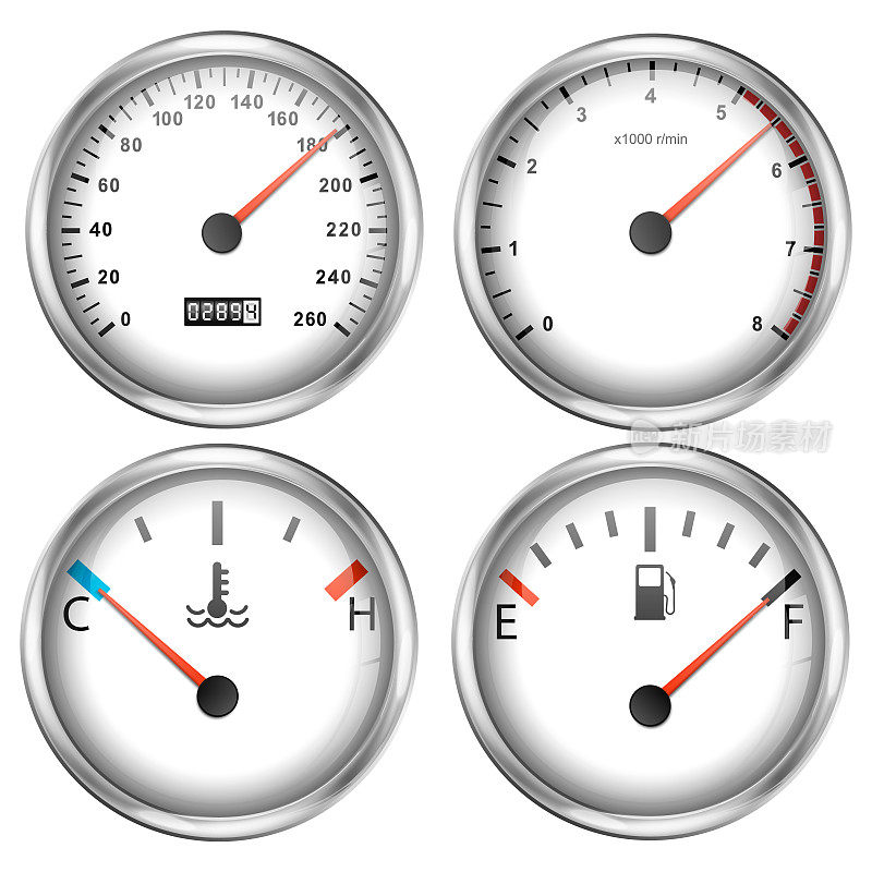 汽车仪表盘速度表，转速表，燃料和发动机温度。现实的汽车的仪表板。矢量插图。