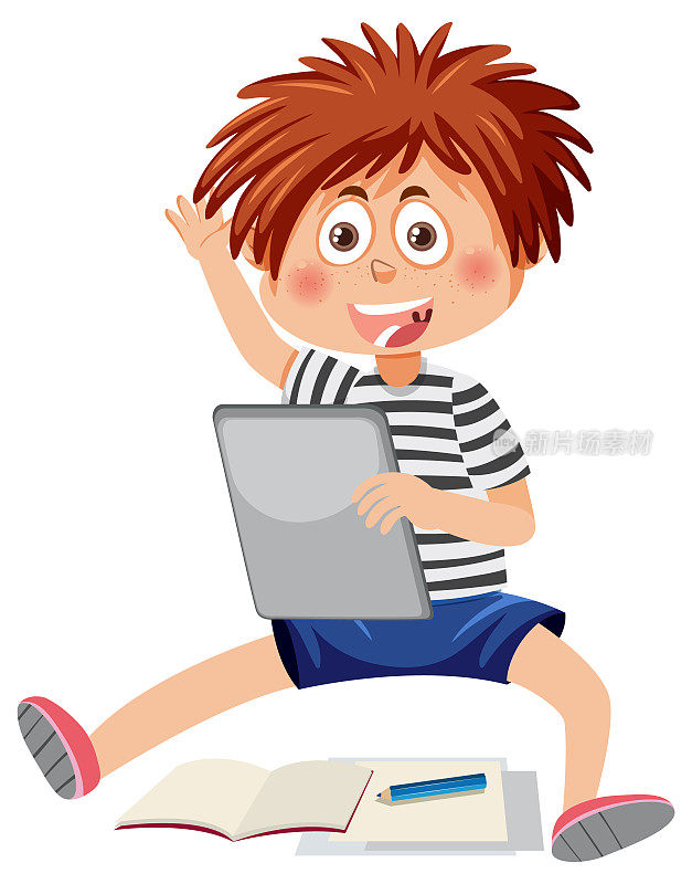 一个男孩使用平板电脑在线学习