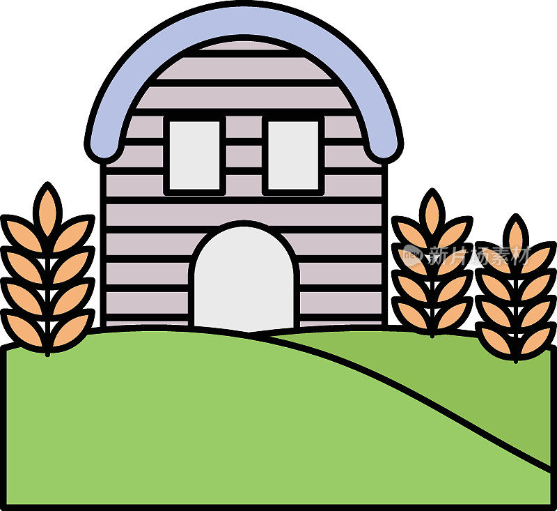 农场房屋概念，房屋谷仓矢量颜色图标设计，农场和园艺符号，村民生活标志，农村和牲畜库存插图
