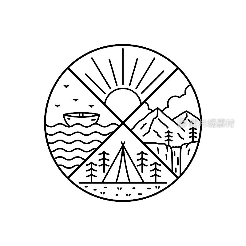 自然露营湖山单线艺术，贴片徽章设计，徽章设计，t恤设计