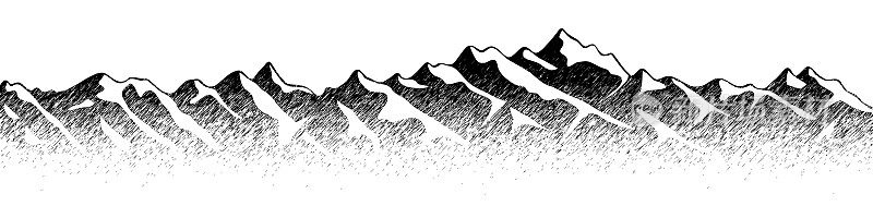 山脉，全景，铅笔画