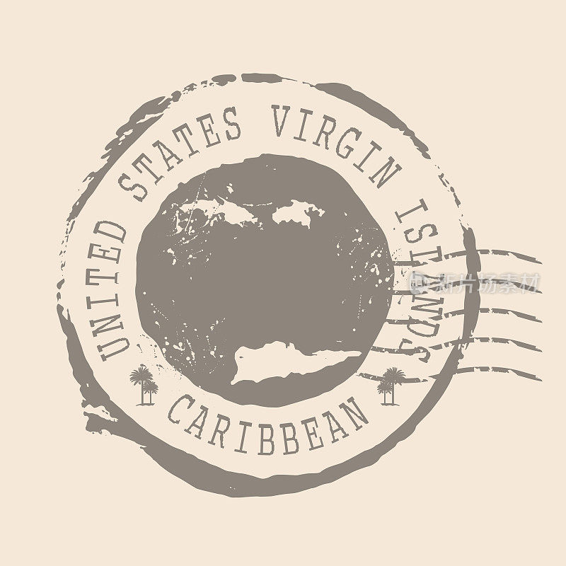 美属维尔京群岛邮票邮政。地图剪影橡胶密封。设计复古旅行。加勒比海。印章的地图维京群岛的美国垃圾为您的网站设计，应用程序，UI。EPS10。
