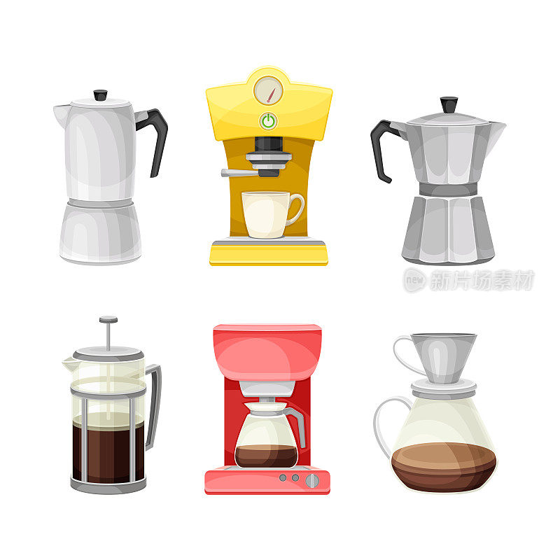 咖啡机作为设备的咖啡因饮料酿造和咖啡烹饪器具矢量集