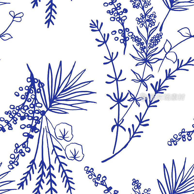 无缝模式与蓝色香草花束在白色背景。中国风格的启发。