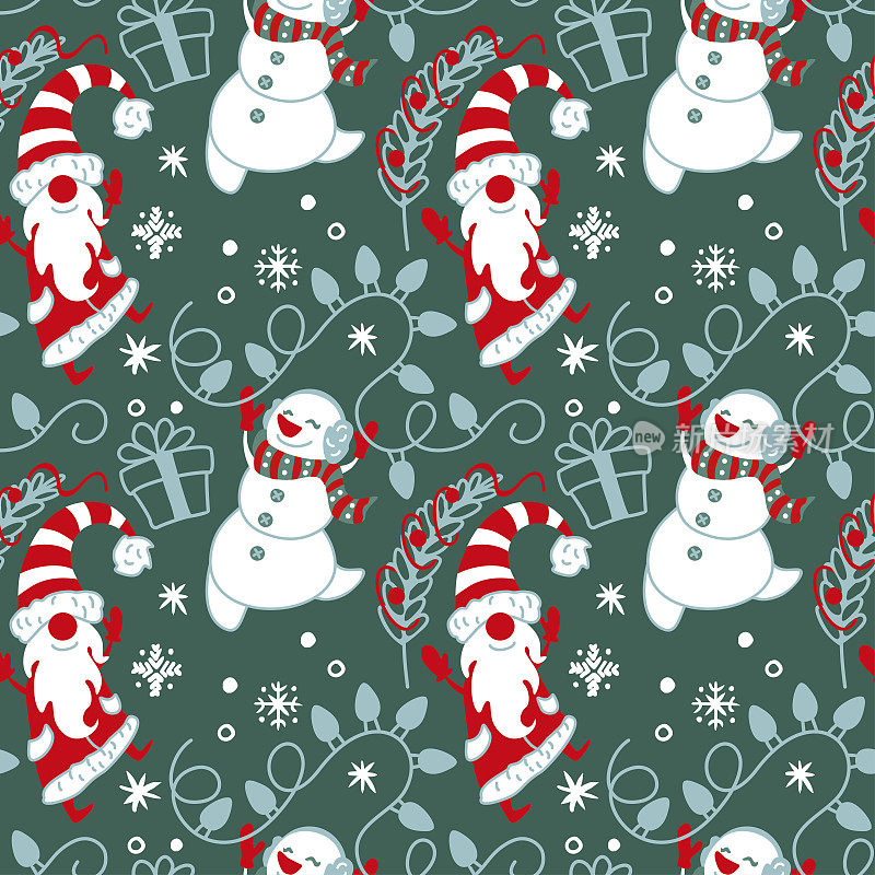 圣诞图案用于织物，包装，纺织品，墙纸，服装。圣诞老人,雪人。