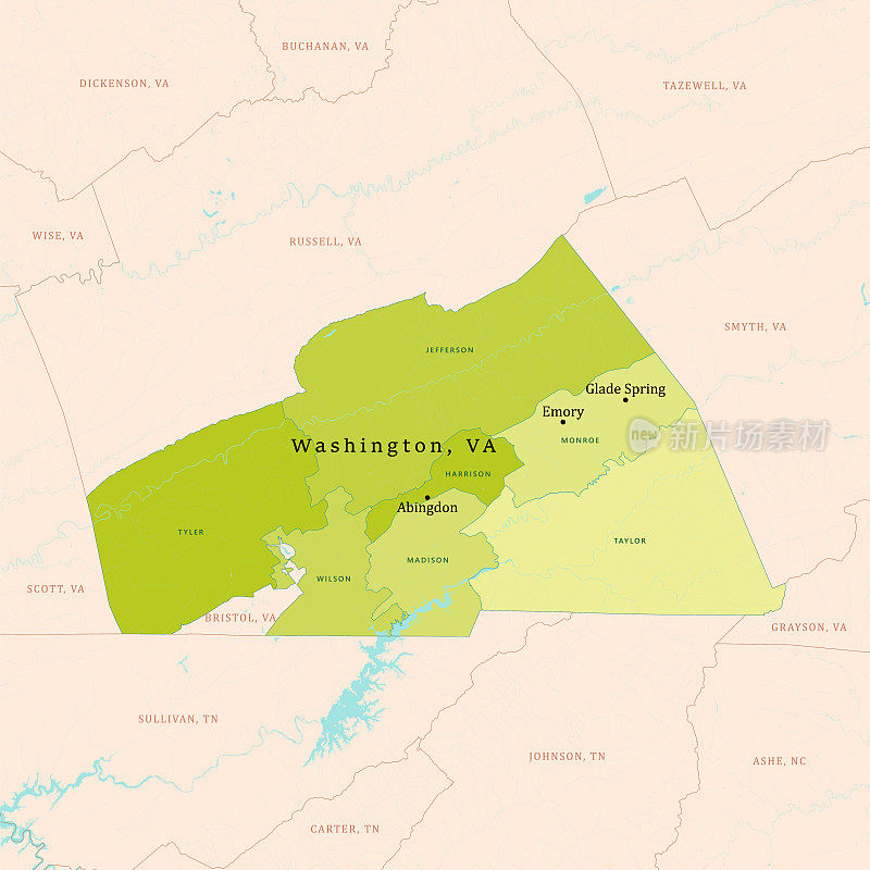 弗吉尼亚州华盛顿县矢量地图绿色