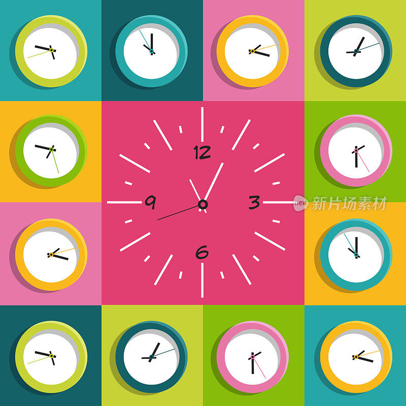平面风格的时间概念。一套现代机械彩色时钟在一个彩色的背景。