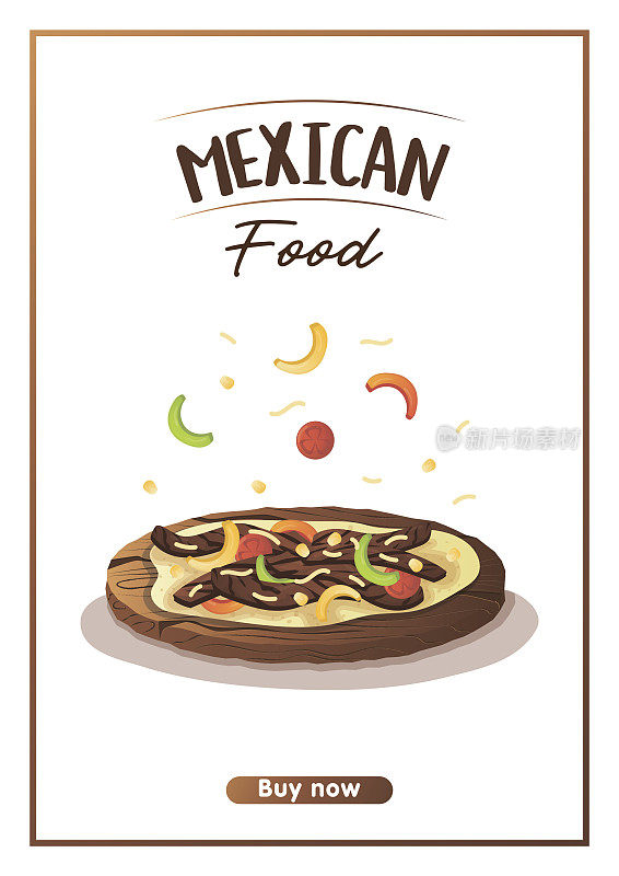 A4传单和墨西哥菜法希塔炒肉和蔬菜。旗帜健康食品，烹饪，菜单，食品概念。