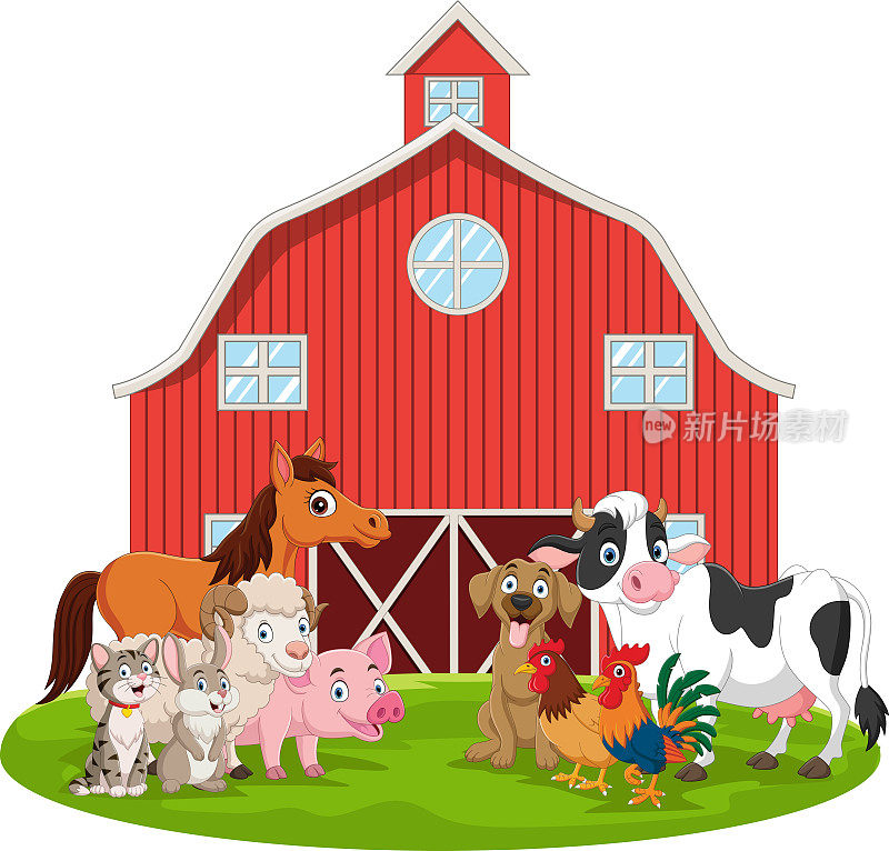 谷仓院子里的卡通农场动物