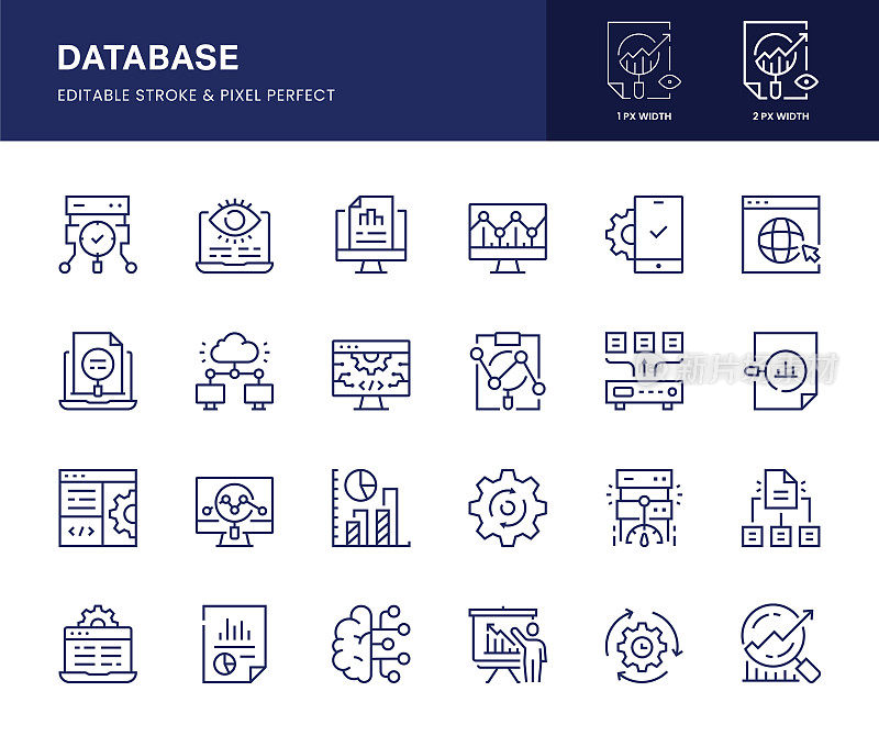 数据库行图标。该图标集由数据分析、数据库查询、计算平台、数据分类、数据集成、数据图表等组成。