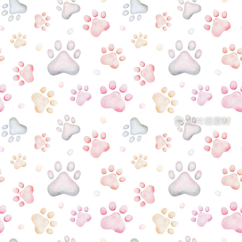 水彩无缝图案。手绘的彩色爪子的狗，狼，猫的插图。小猫，小狗的脚印。动物的爪印
