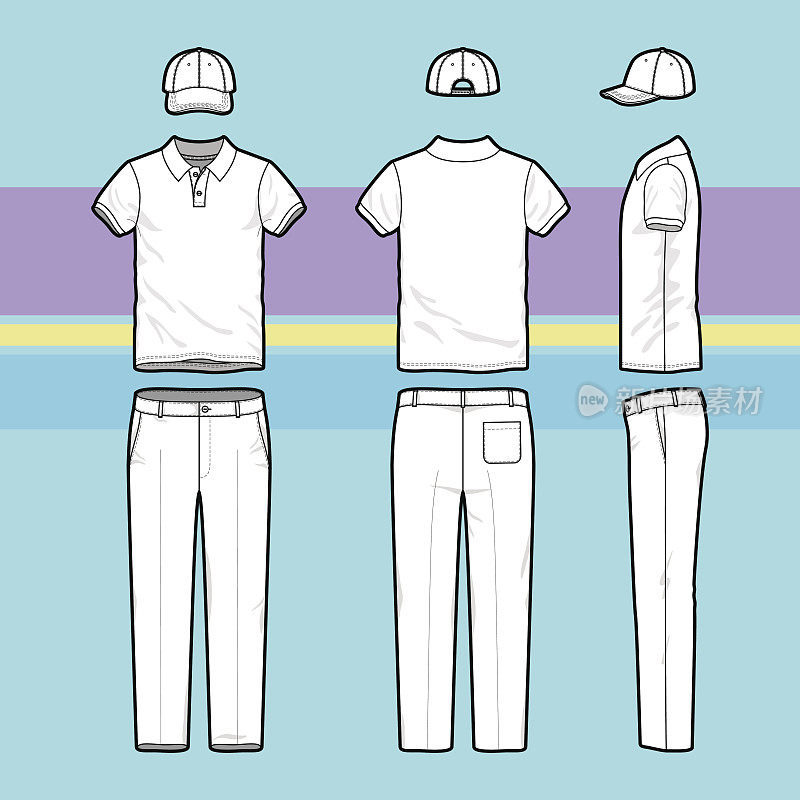 简单的轮廓画一件polo衫，裤子和帽子