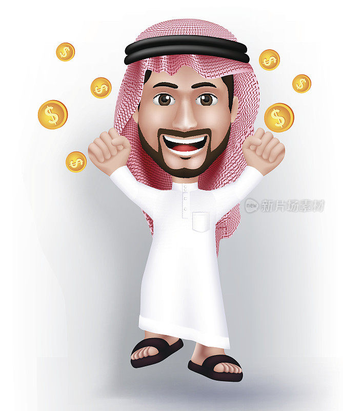 现实的微笑英俊的沙特阿拉伯男子人物在3D