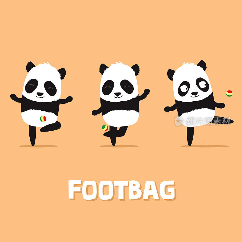 可爱的卡通熊猫玩自由式footbag和做戏法在3个不同的姿势。