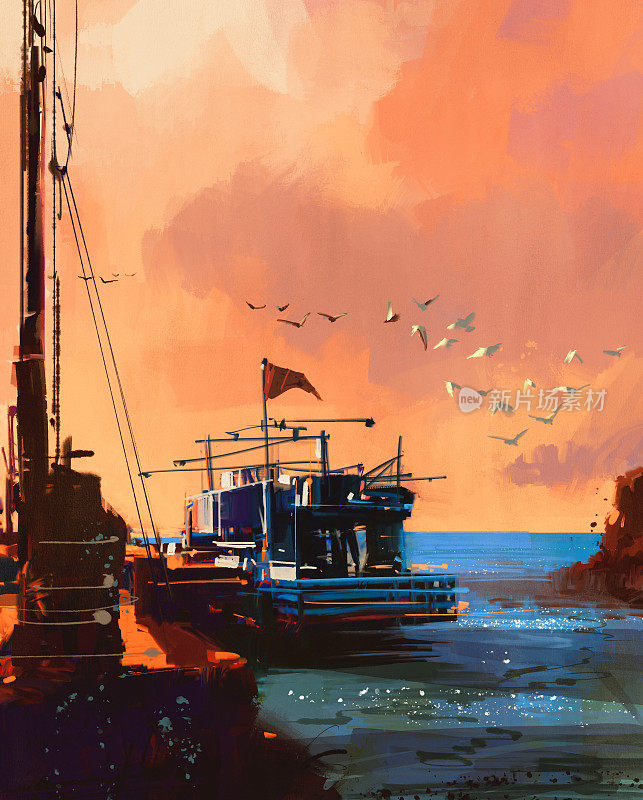 日落时分港口的渔船