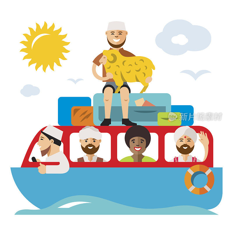 vector难民移民船。非法移民。平面风格彩色卡通
