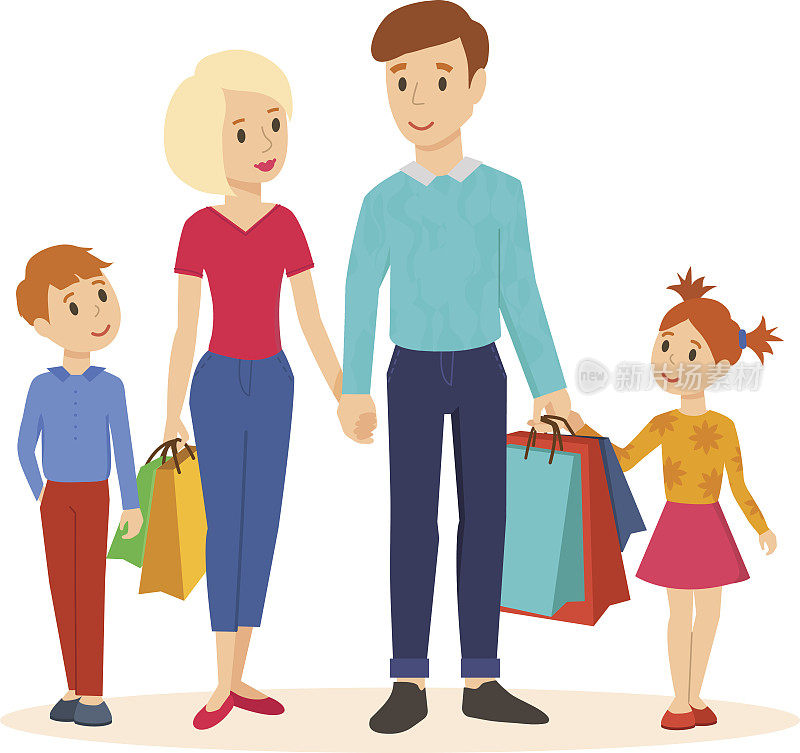 年轻的家庭一起去购物中心买东西。